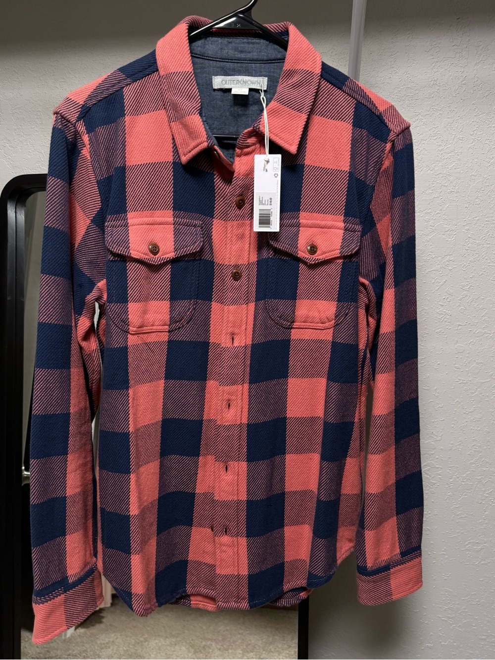 Outerknown Orange and Navy Check Plaid Men's Shirt - NWT